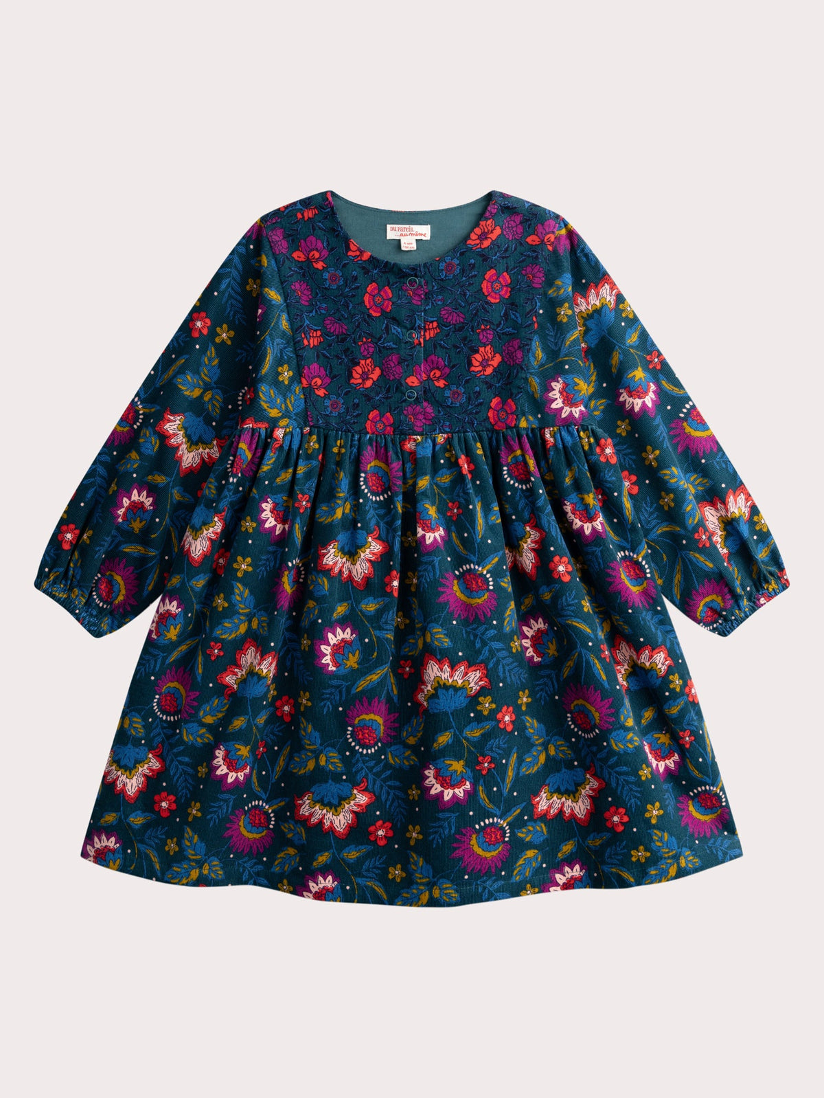 Robe verte en velours côtelé imprimé fleuri pour fille - 1