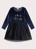 Robe bleue avec tulle animation chat glitter pour fille - 1