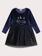 Robe bleue avec tulle animation chat glitter pour fille - 1