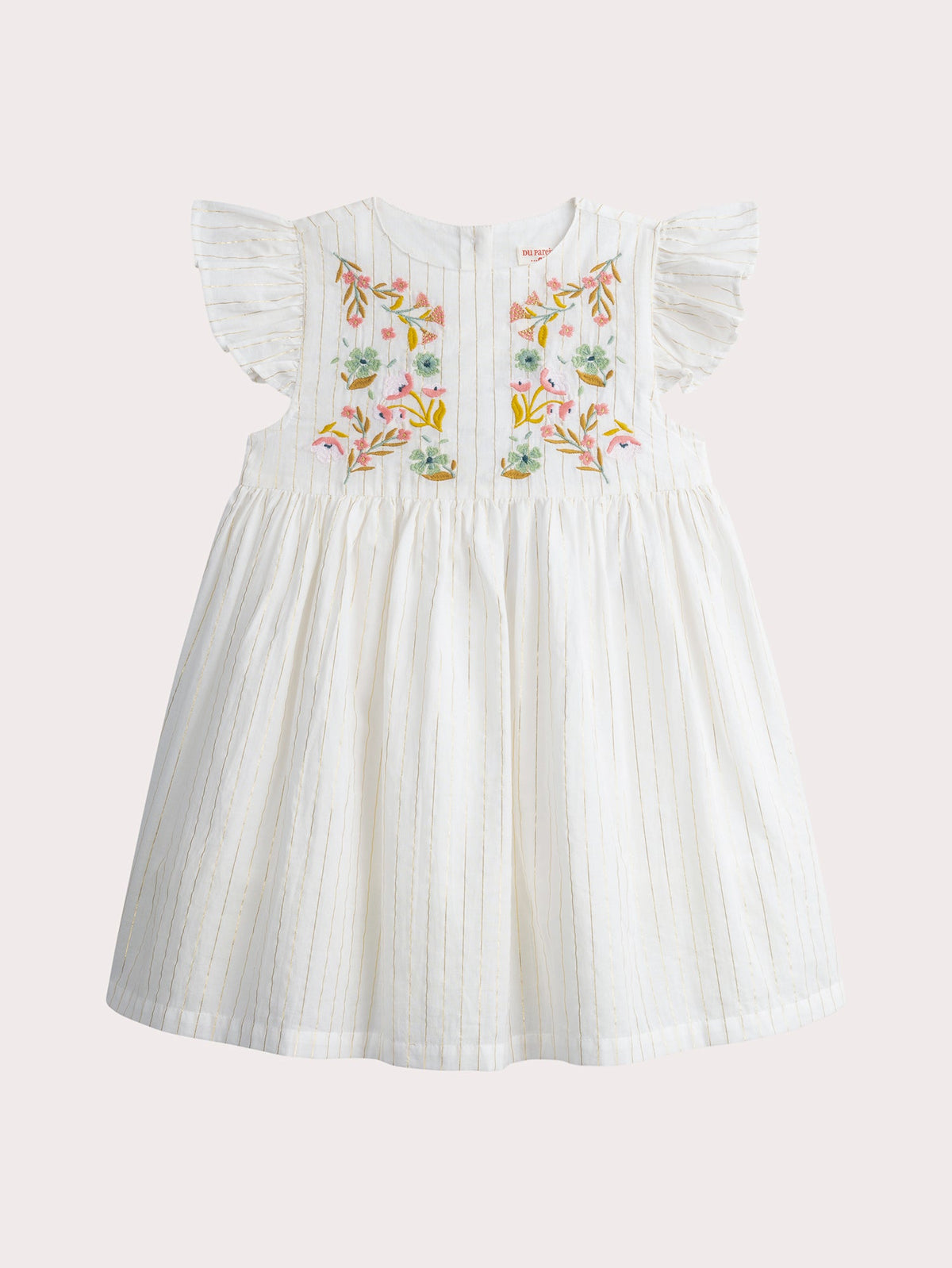 Robe écrue manches courtes à volants avec broderies - 1